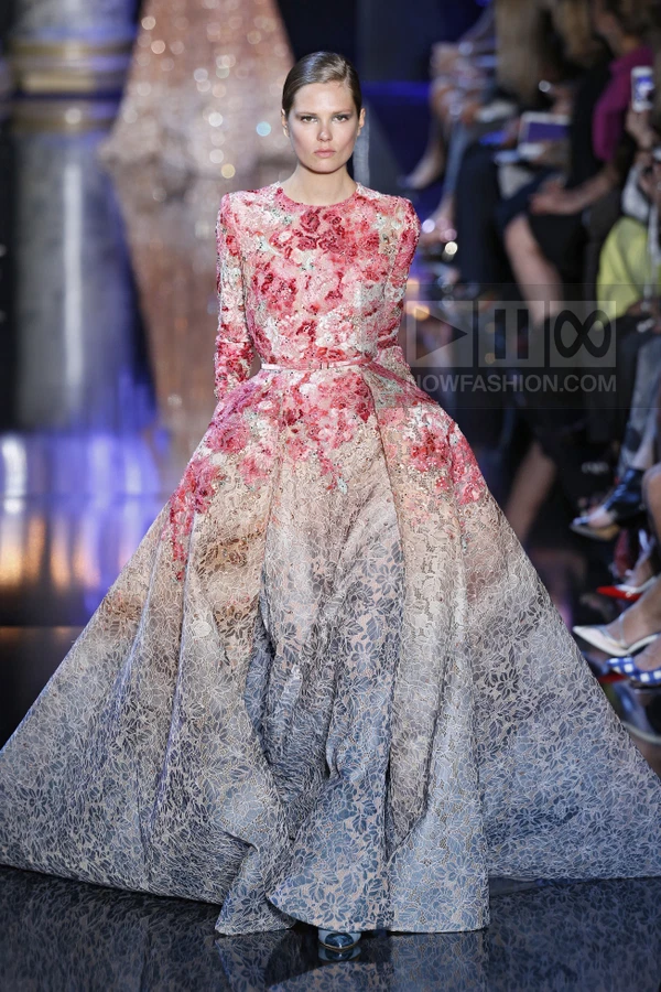 Model wearing a floor-length gown with a floral-embroidered bodice and a lace skirt transitioning from pink to blue.