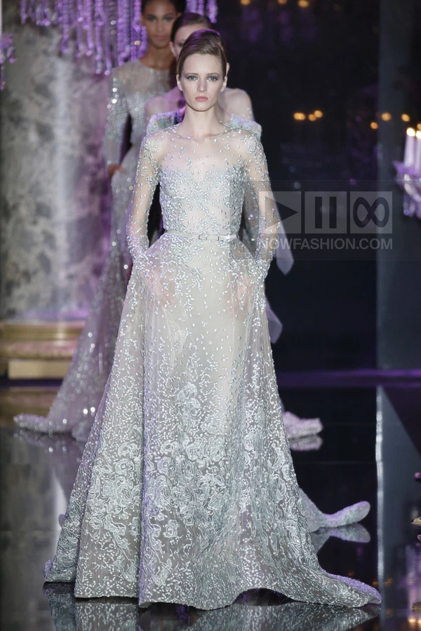 Model on runway wearing a floor-length silver gown with sheer long sleeves and intricate floral embroidery.